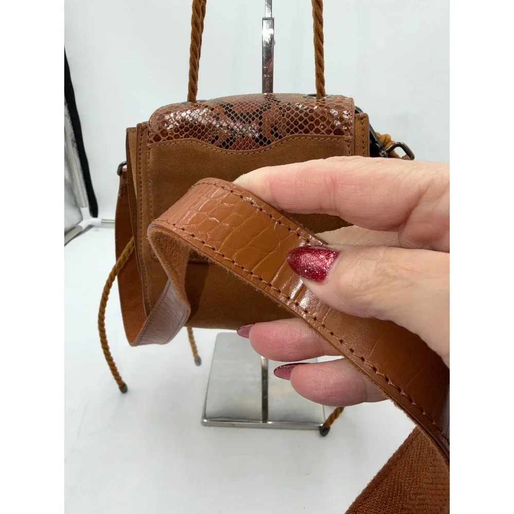 Free People Brown Suede Snakeskin Embossed Leather Crossbody Bag Rope Handle - Picture 8 of 12